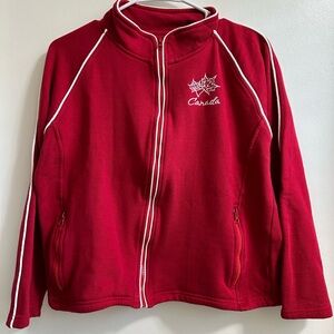 Red Zip-Up Jacket with Maple Leaf Embroidery